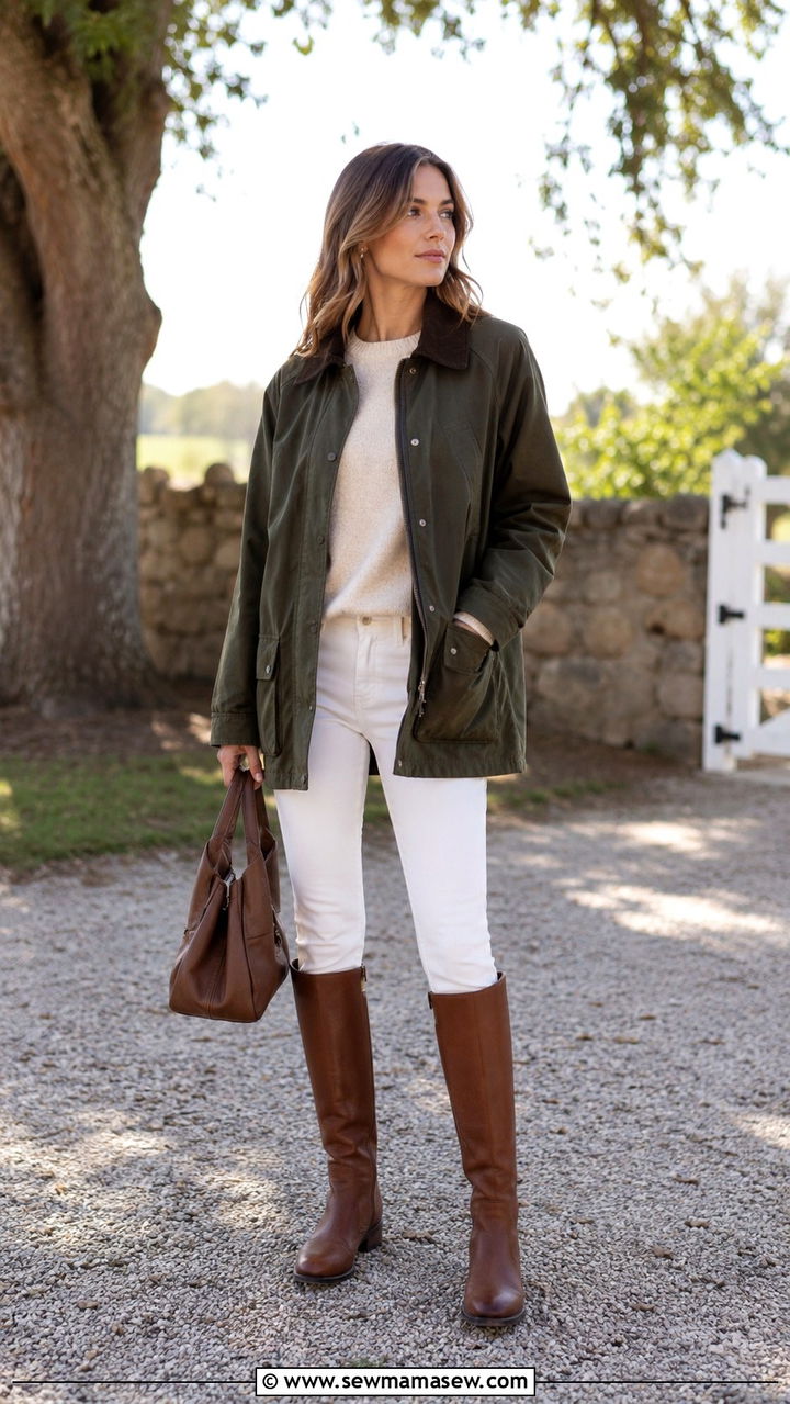 Barn Jacket with Cashmere Sweater and White Jeans - 30 transitional street style outfits
