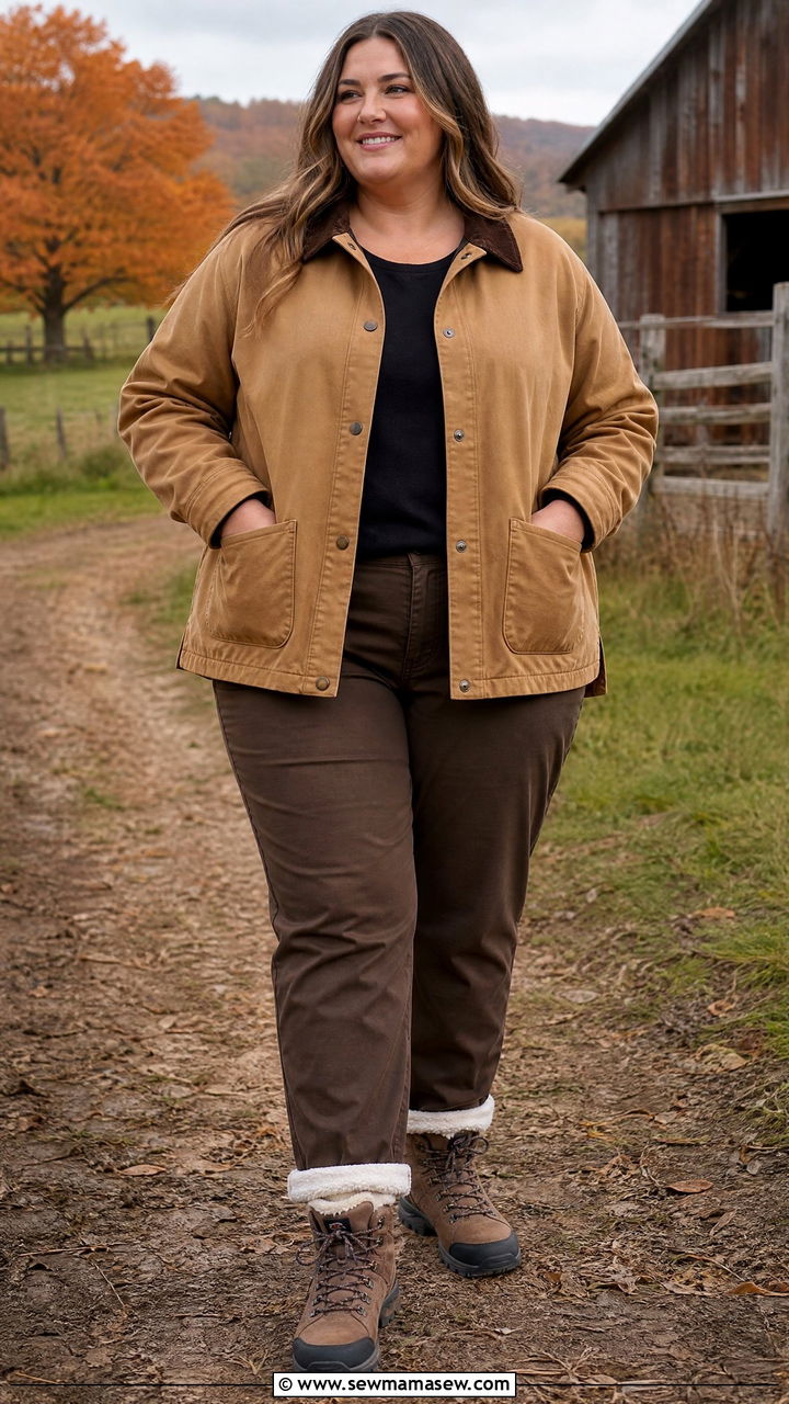 Barn Jacket with Fleece Lined Hiking Pants - 25 Hiking outfit ideas plus size
