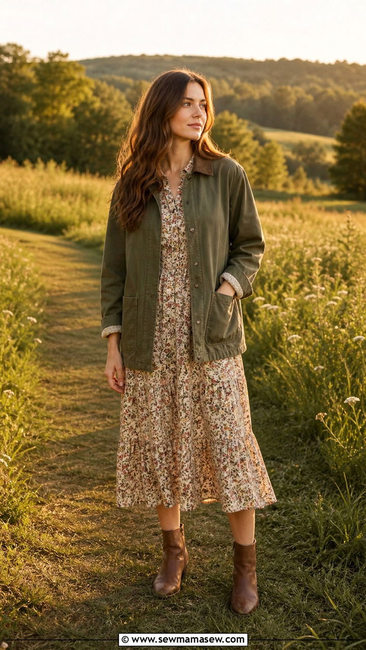 Barn Jacket with Floral Midi Dress and Ankle Boots - 40 casual jacket outfits