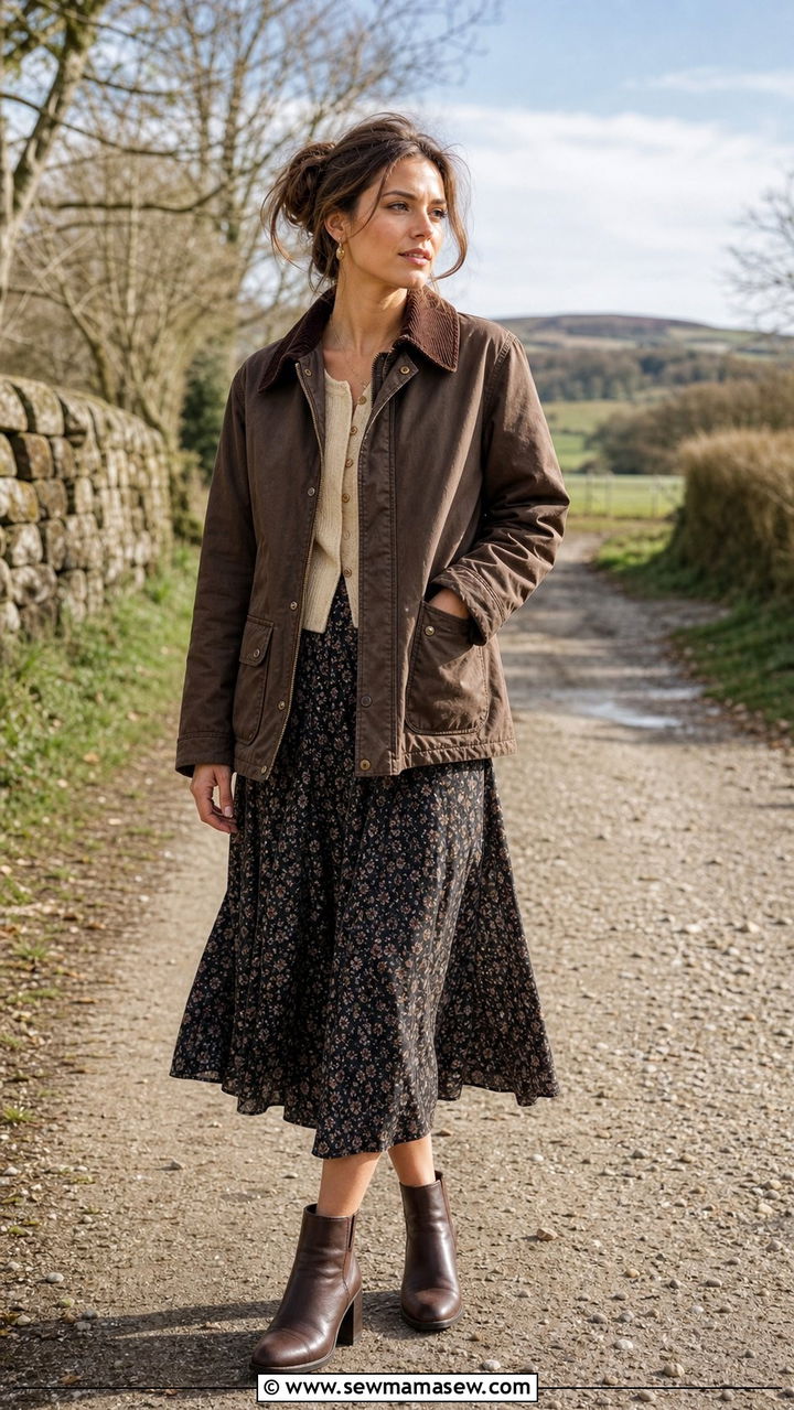 Barn Jacket with Midi Skirt and Boots - 25 Early March outfit ideas