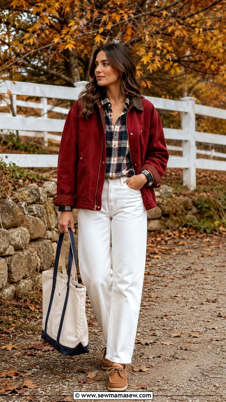 Barn Jacket with Straight Leg Jeans and Suede Boat Shoes - 20 summer to fall outfits trends
