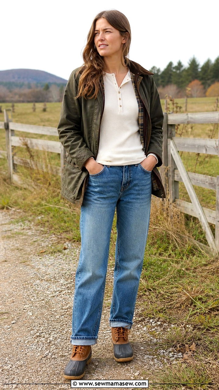 Barn Jacket with a Henley and Relaxed Fit Jeans - 40 rainy day outfits