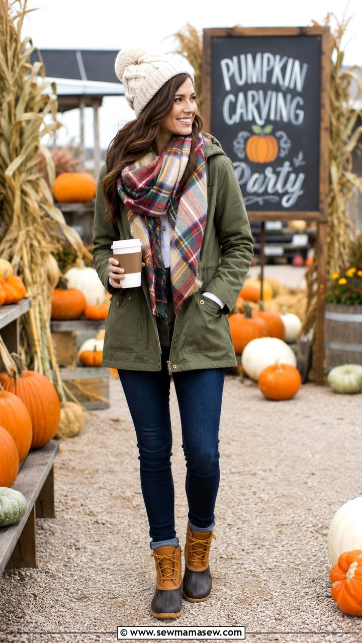 Barn coat with a plaid blanket scarf and duck boots - 30 Pumpkin carving party outfit ideas