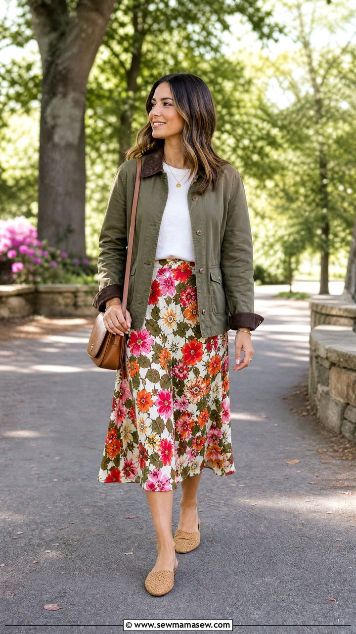 Barn jacket and printed midi skirt outfit for late spring - 25 Late spring early summer outfits