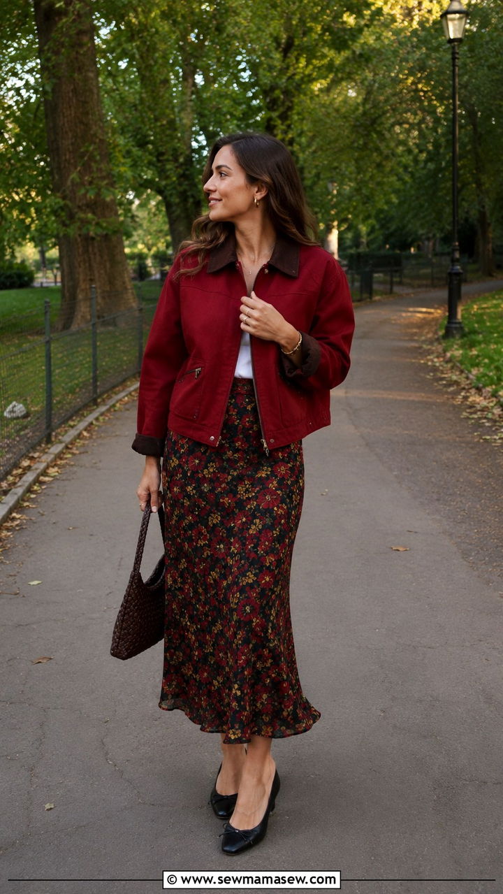 Barn jacket with floral midi skirt and ballet flats outfit - 30 In between season outfit ideas