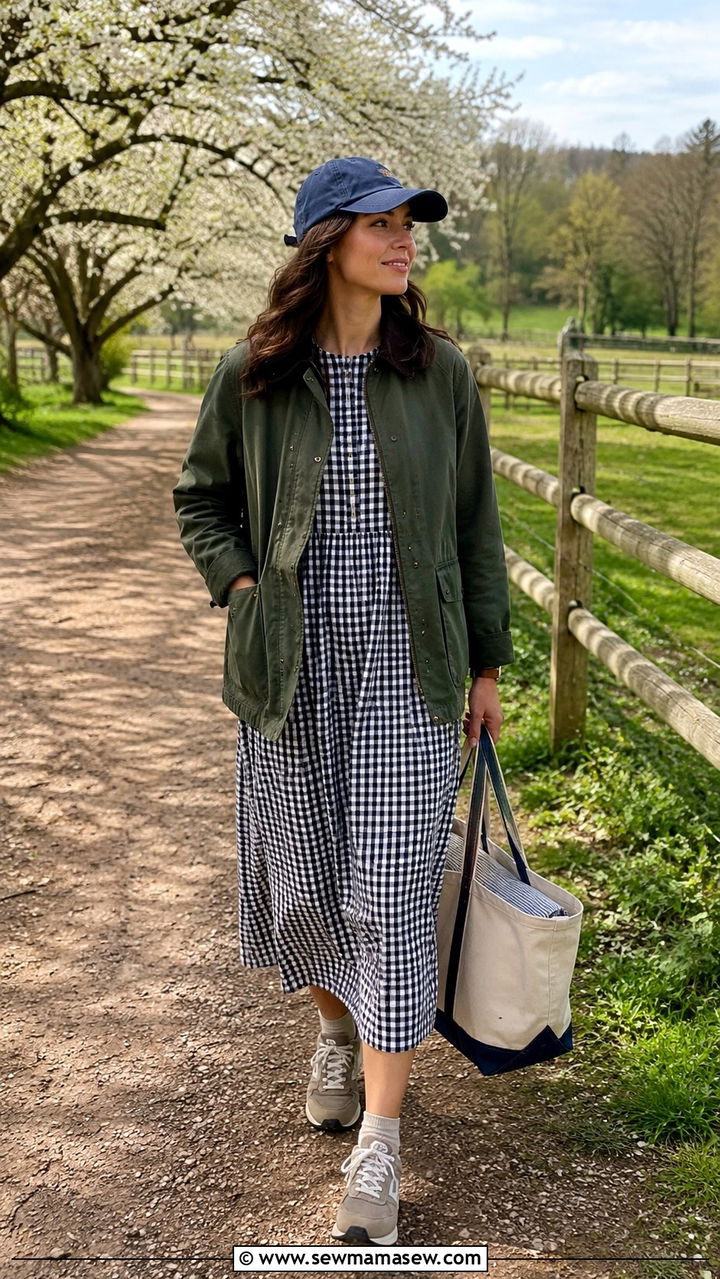 Barn jacket with gingham dress and running sneakers - 30 preppy outfits for women