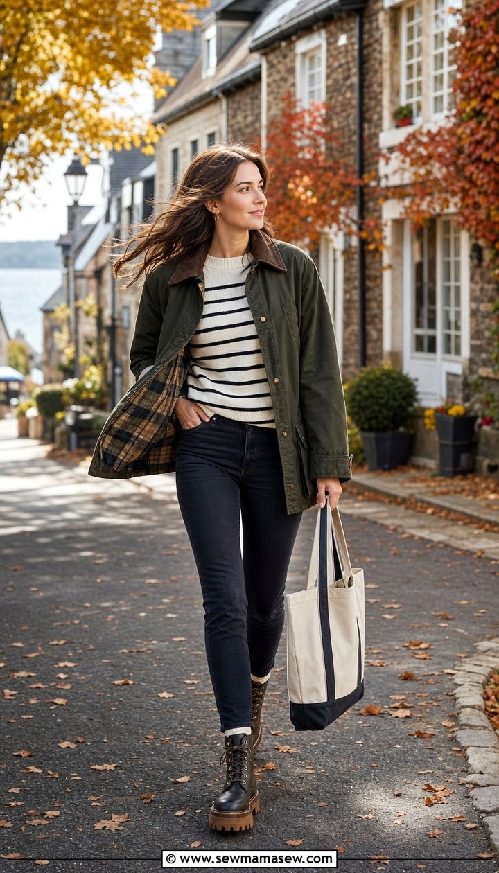 Barn jacket with striped sweater and dark jeans - 25 classy windy day outfits