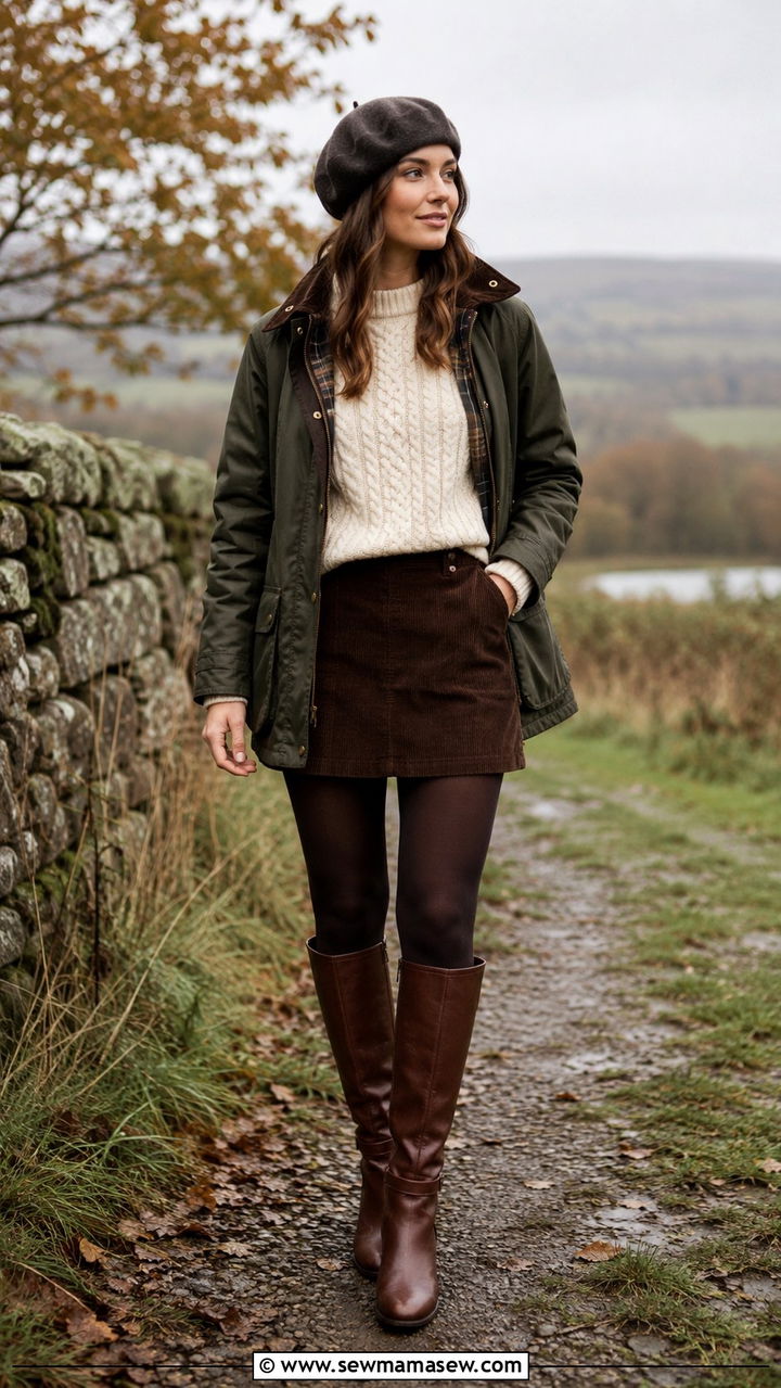 Barn jacket with tights and riding boots - 30 Overcast day outfit ideas