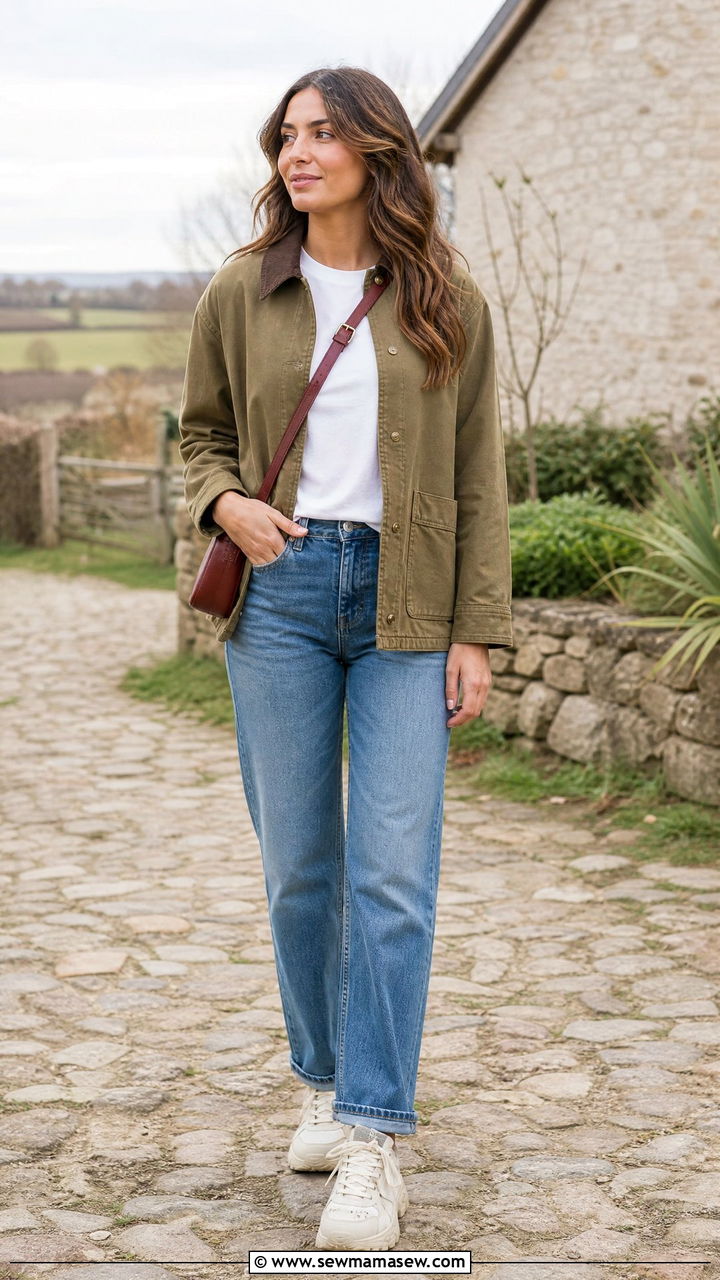 Barn jacket with white t shirt and straight leg jeans - 30 summer to fall outfits for women
