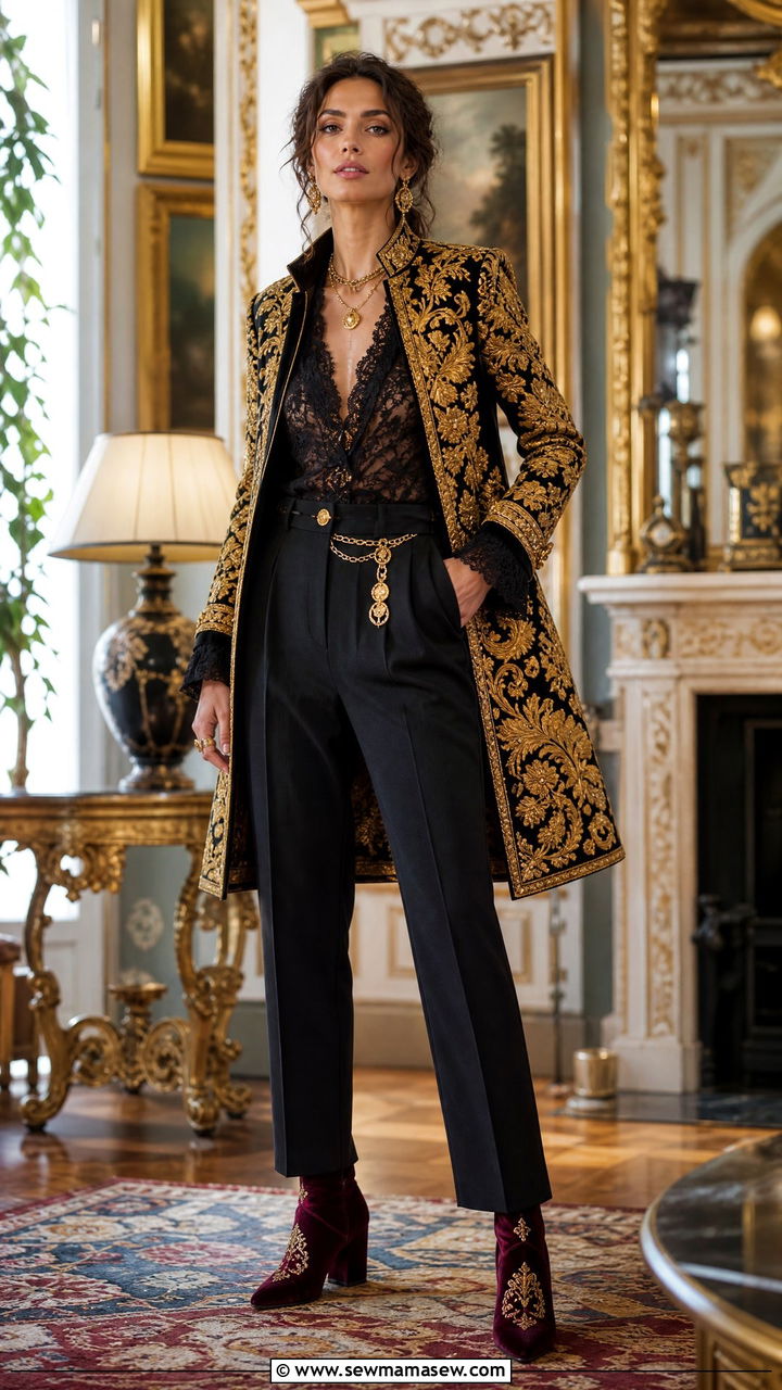 Baroque Gold Embroidered Coat with Velvet Boots Outfit - 35 maximalist outfits aesthetic