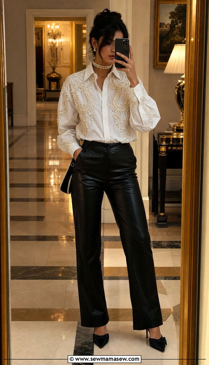 Baroque Pearl Encrusted White Shirt With Black Leather Pants - 25 classy maximalist outfits