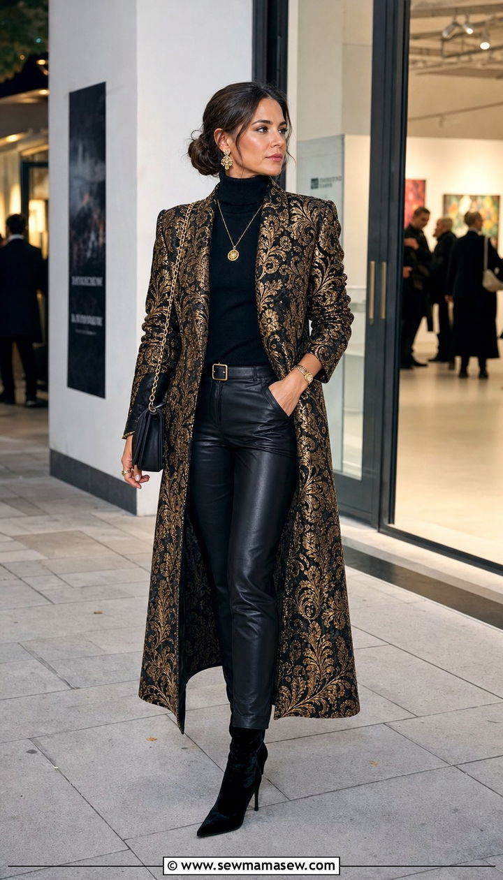 Baroque Print Brocade Coat Over All Black Base - 25 classy maximalist outfits