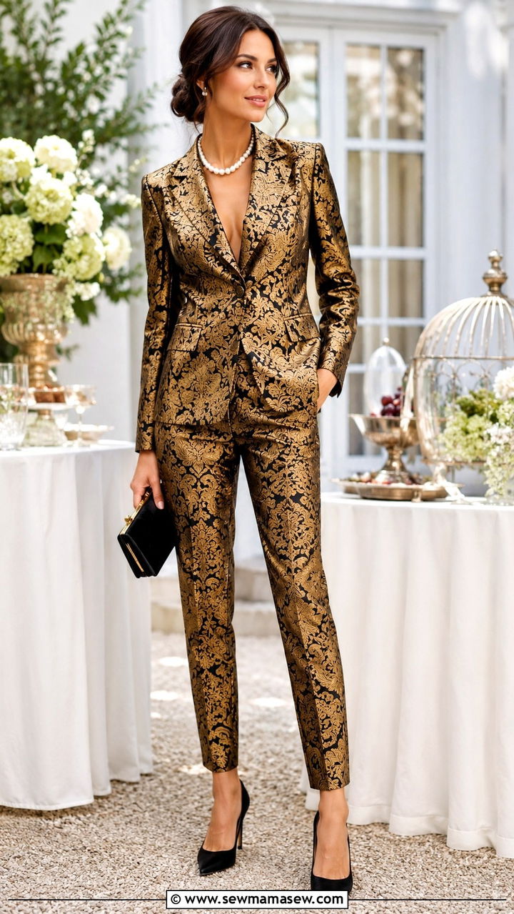 Baroque print suit with pointed pumps and pearl necklace - 25 Opera aesthetic outfit ideas 2026