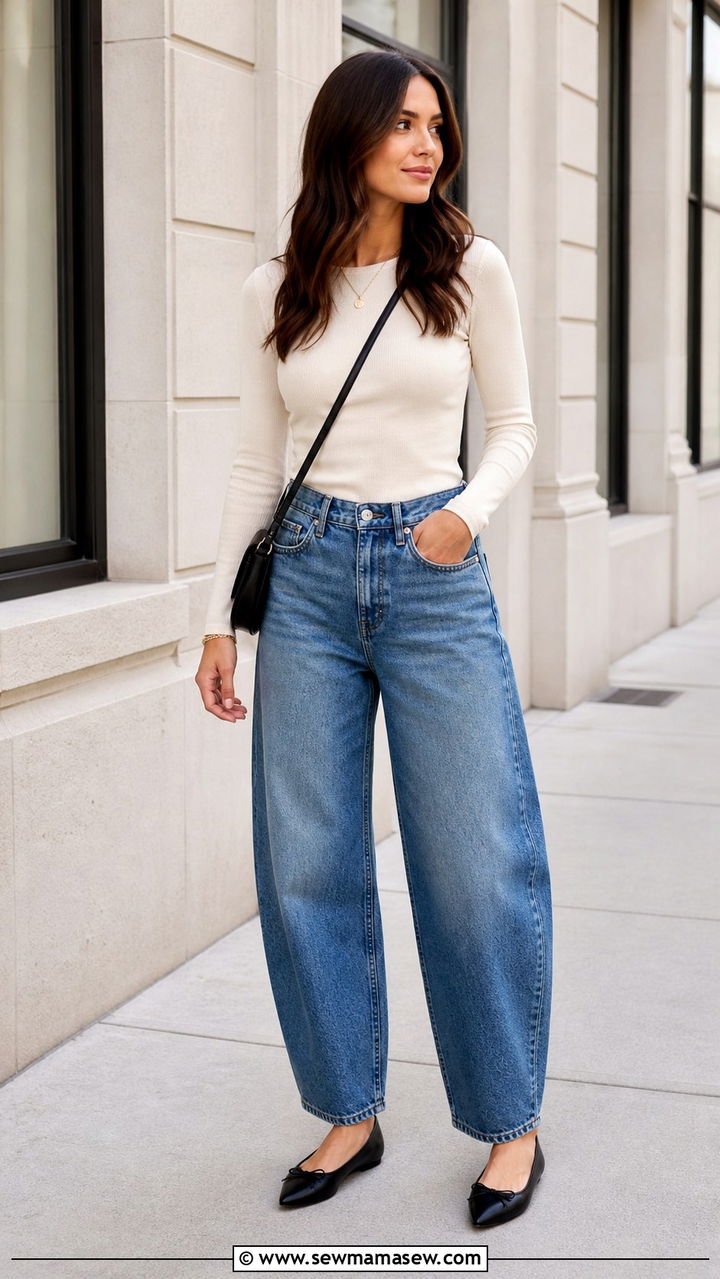 Barrel Jeans With Ballet Flats Look - 20 casual barrel jeans outfits