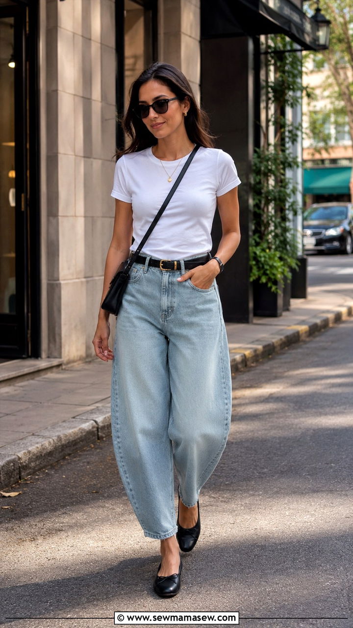 Barrel Jeans With Ballet Flats and Fitted Tee - 25 Barrel jeans outfit ideas with flats