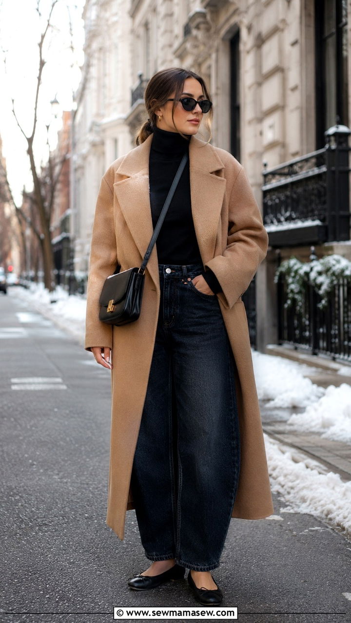 Barrel Jeans With Ballet Flats and Oversized Coat - 25 Barrel jeans outfit ideas with flats