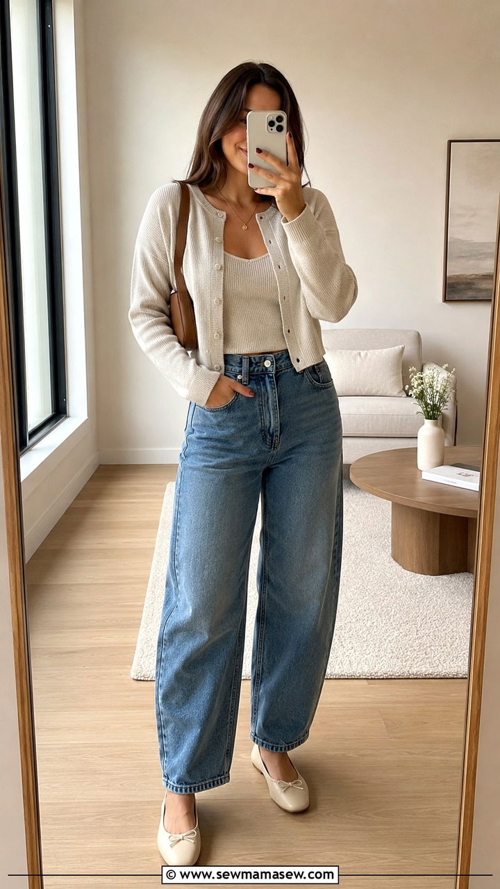 Barrel Jeans With Ballet Flats and Two Piece Set - 25 Barrel jeans outfit ideas with flats