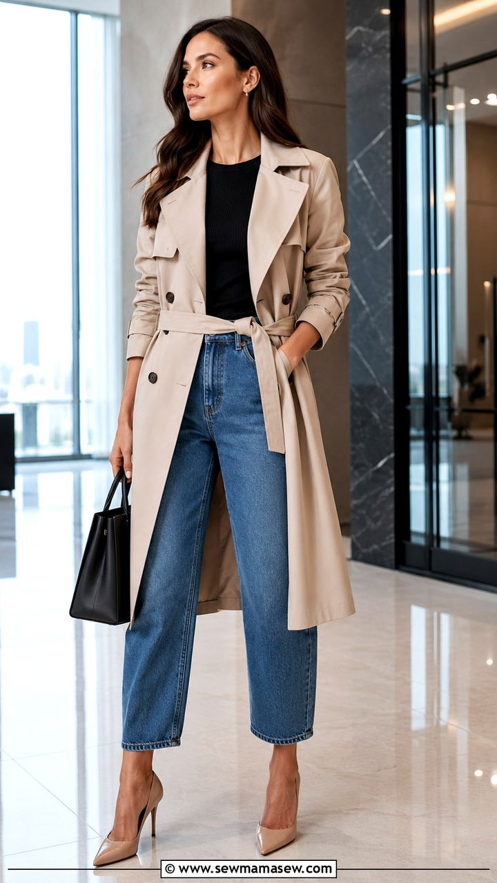 Barrel Jeans With Belted Trench Coat And Pointed Toe Pumps - 25 Barrel jeans outfit ideas with a trench coat
