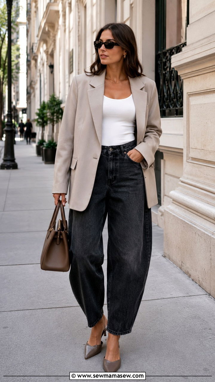 Barrel Jeans With Blazer Smart Casual Outfit - 20 casual barrel jeans outfits