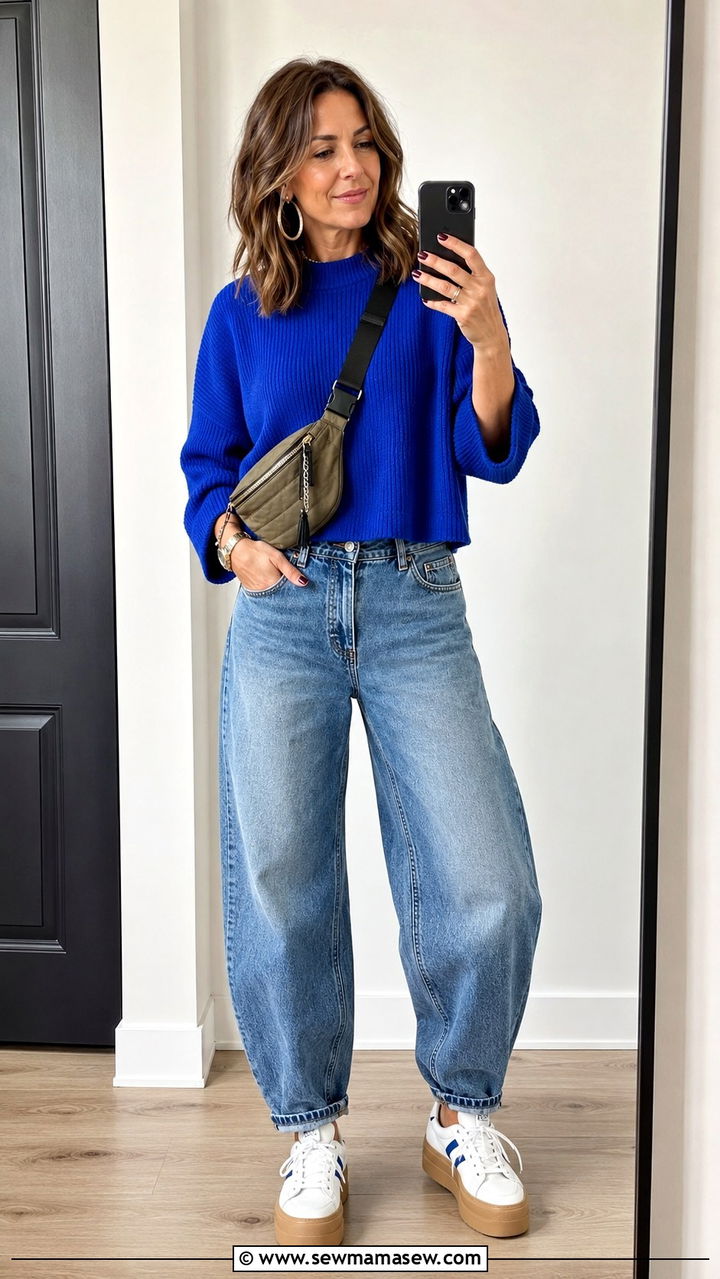 Barrel Jeans With Boxy Cropped Sweater And Platform Sneakers - 25 barrel jeans outfits for women over 40