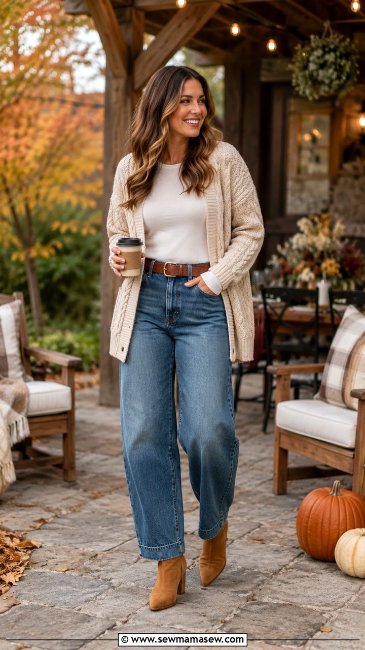 Barrel Jeans With Cable Knit Cardigan And Heeled Booties - 25 Barrel jeans outfit ideas with a cardigan