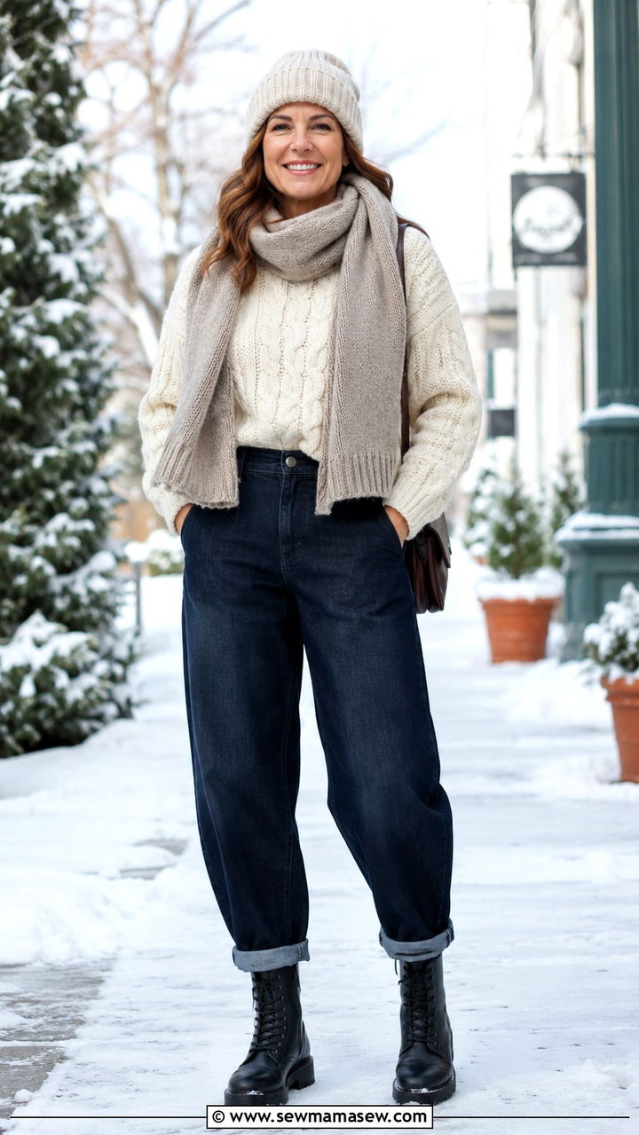 Barrel Jeans With Chunky Knit Sweater And Combat Boots - 25 barrel jeans outfits for women over 40