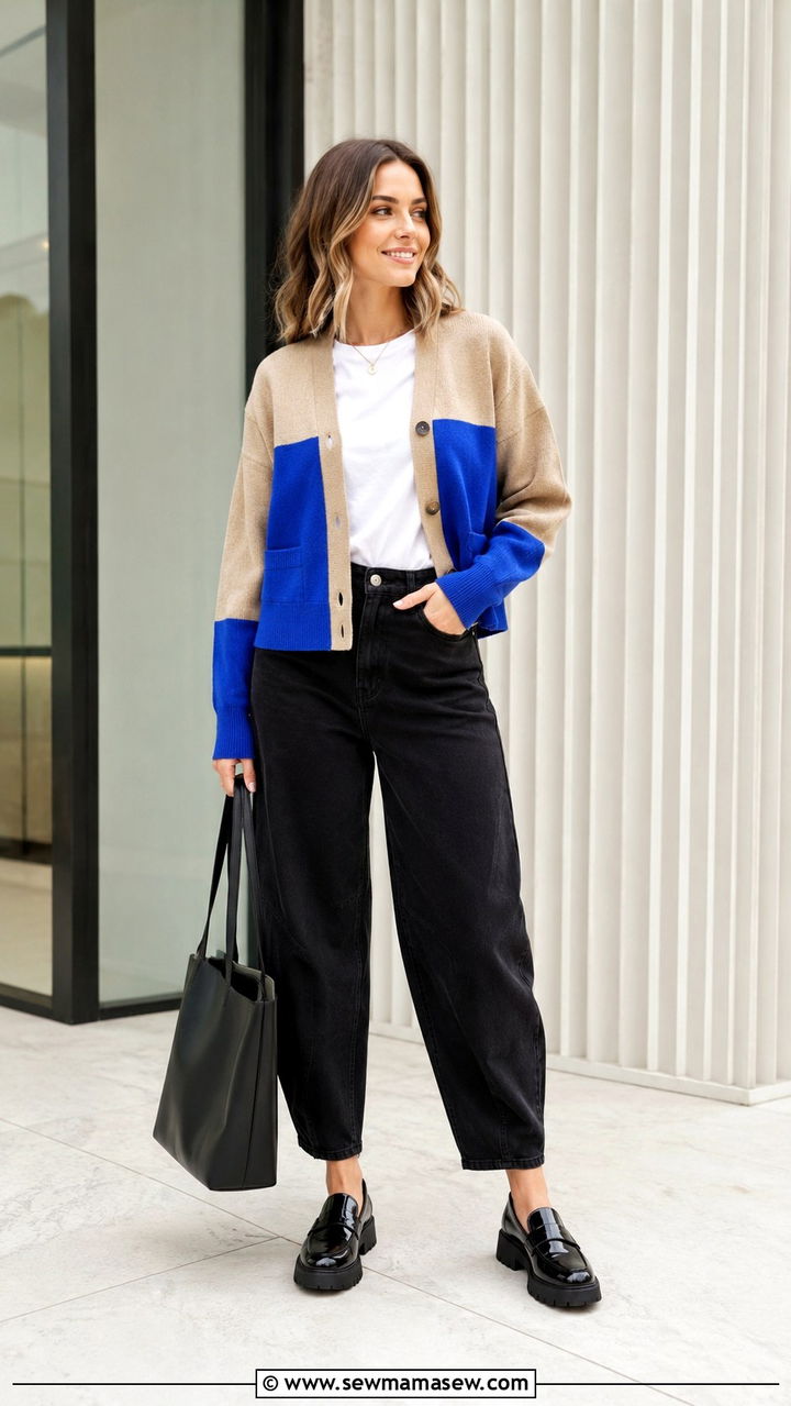 Barrel Jeans With Color Block Cardigan And Loafers - 25 Barrel jeans outfit ideas with a cardigan