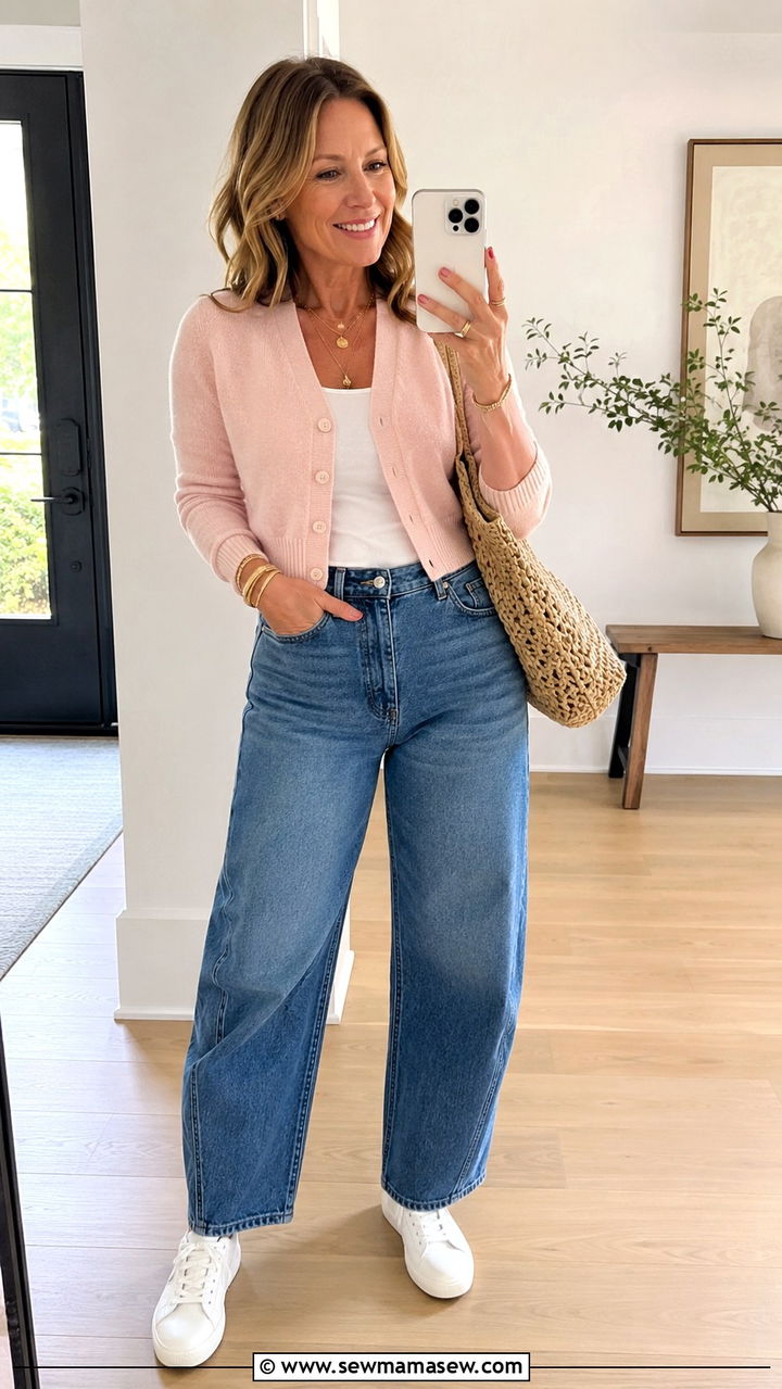 Barrel Jeans With Cropped Cardigan And White Sneakers - 25 barrel jeans outfits for women over 40