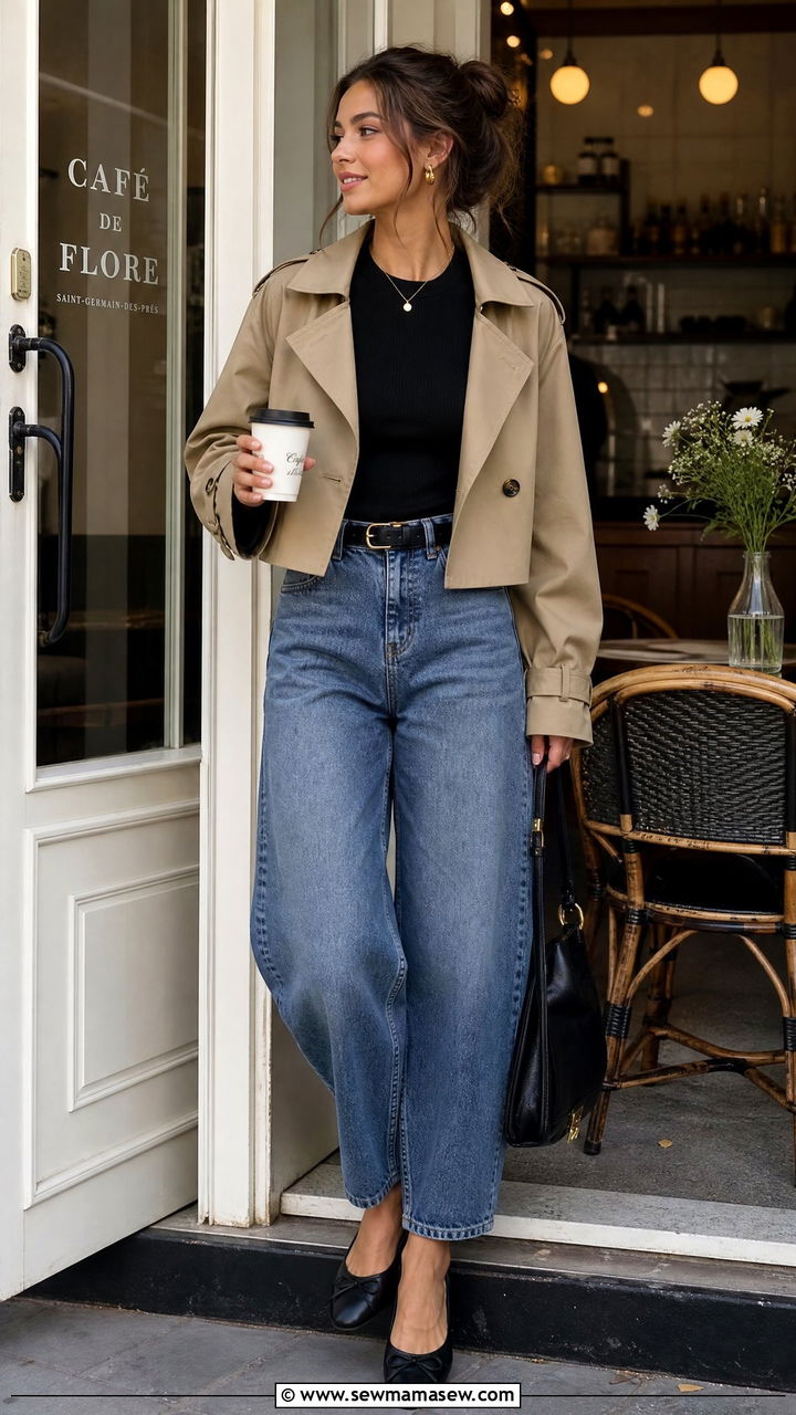 Barrel Jeans With Cropped Trench Coat And Ballet Flats - 25 Barrel jeans outfit ideas with a trench coat