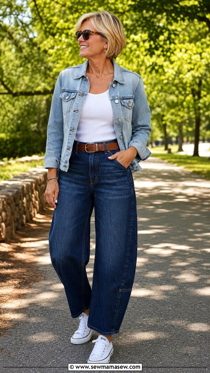 Barrel Jeans With Denim Jacket And Sneakers - 25 barrel jeans outfits for women over 40
