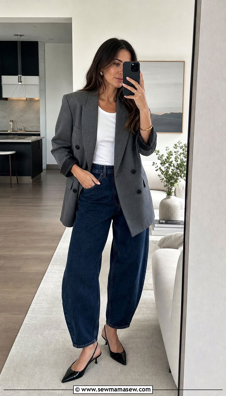 Barrel Jeans With Double Breasted Blazer and Slingback Heels - 25 Elevated spring outfit ideas 2026