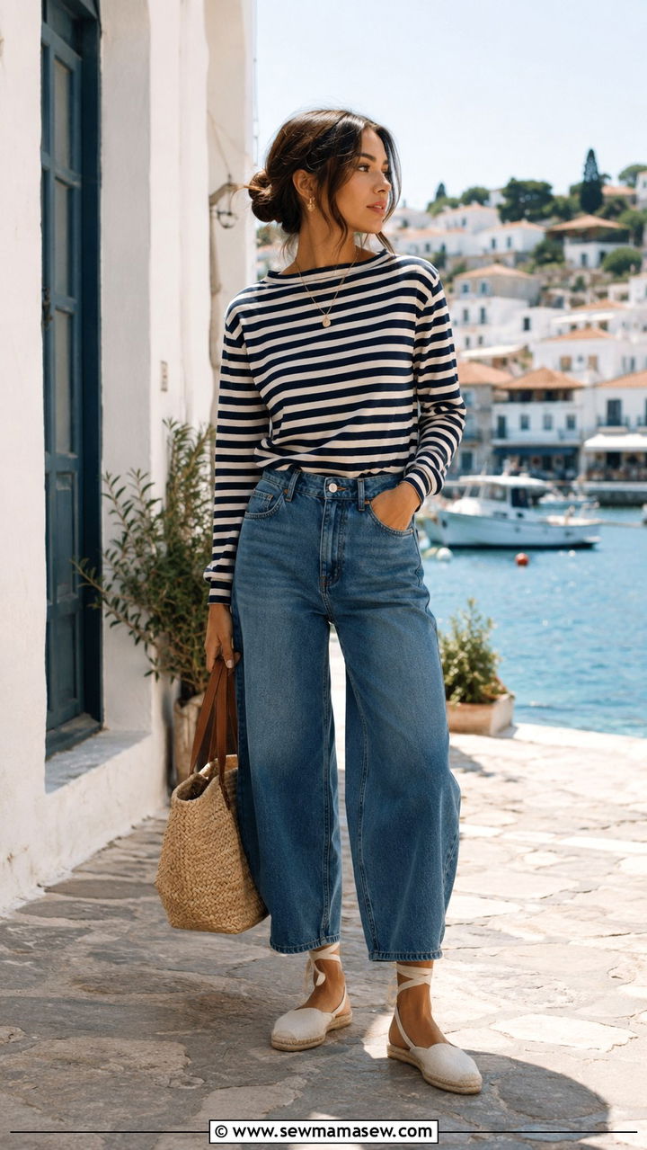 Barrel Jeans With Espadrille Flats and Striped Top - 25 Barrel jeans outfit ideas with flats