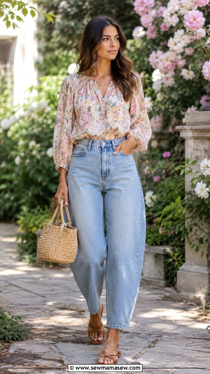 Barrel Jeans With Flat Sandals and Floral Blouse - 25 Barrel jeans outfit ideas with flats