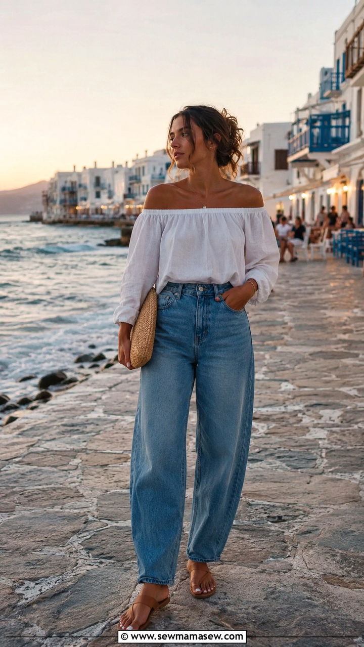Barrel Jeans With Flat Sandals and Off Shoulder Top - 25 Barrel jeans outfit ideas with flats