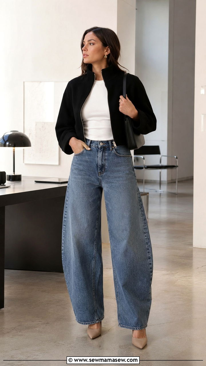 Barrel Jeans With Funnel Neck Jacket and Pointed Heels - 30 jeans outfits 2026