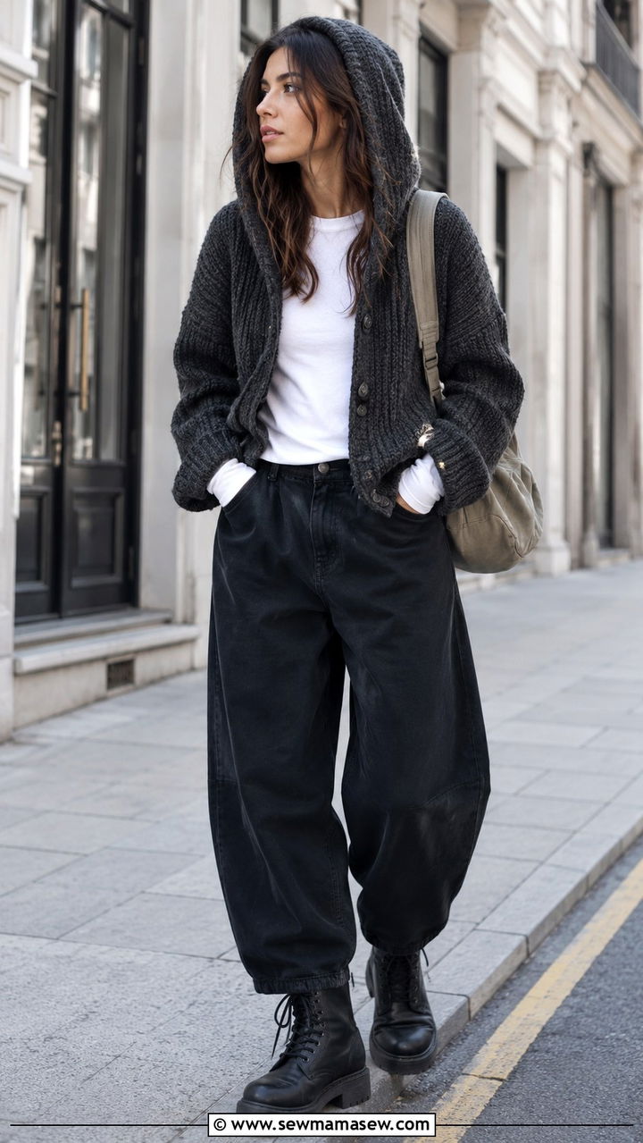 Barrel Jeans With Hooded Cardigan And Combat Boots - 25 Barrel jeans outfit ideas with a cardigan
