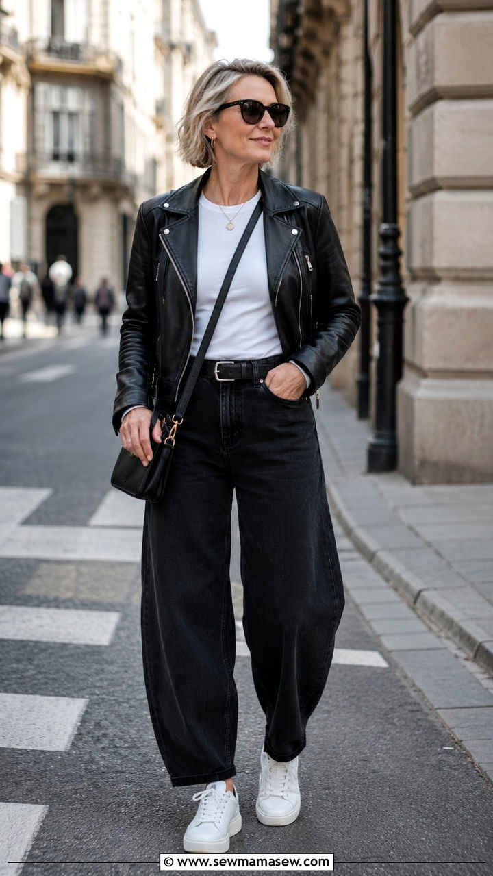 Barrel Jeans With Leather Jacket And Chunky Sneakers - 25 barrel jeans outfits for women over 40