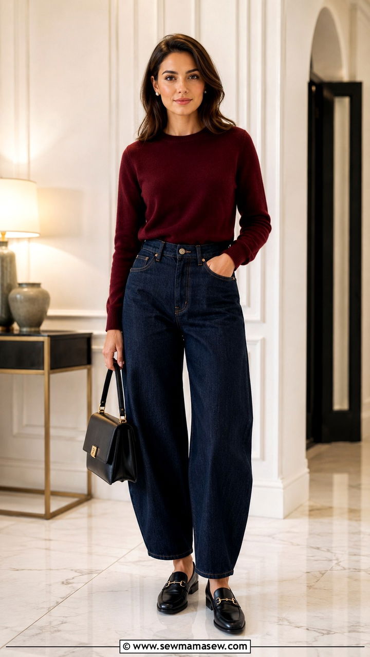 Barrel Jeans With Loafers and Cashmere Sweater - 25 Barrel jeans outfit ideas with flats