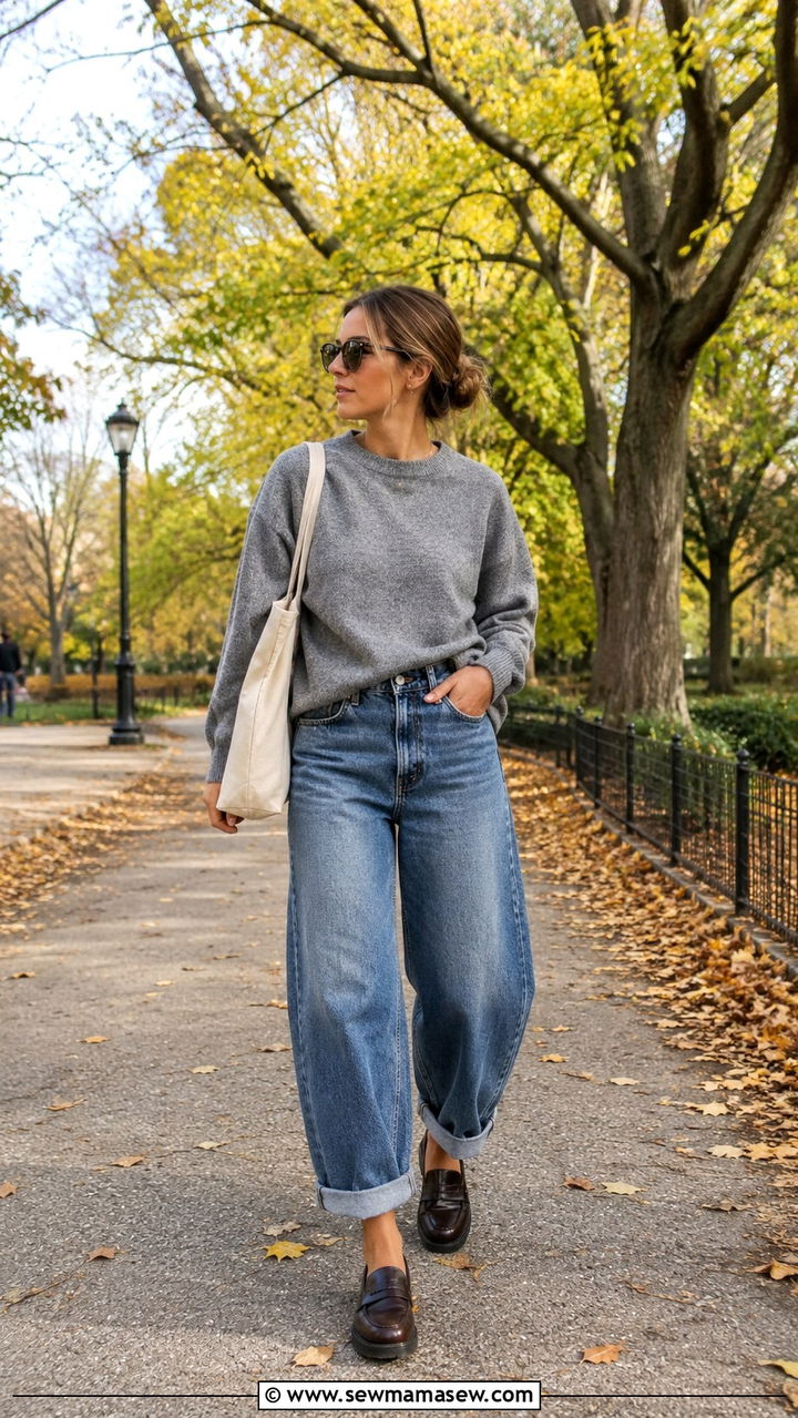 Barrel Jeans With Loafers and Crewneck Sweater - 25 Barrel jeans outfit ideas with flats