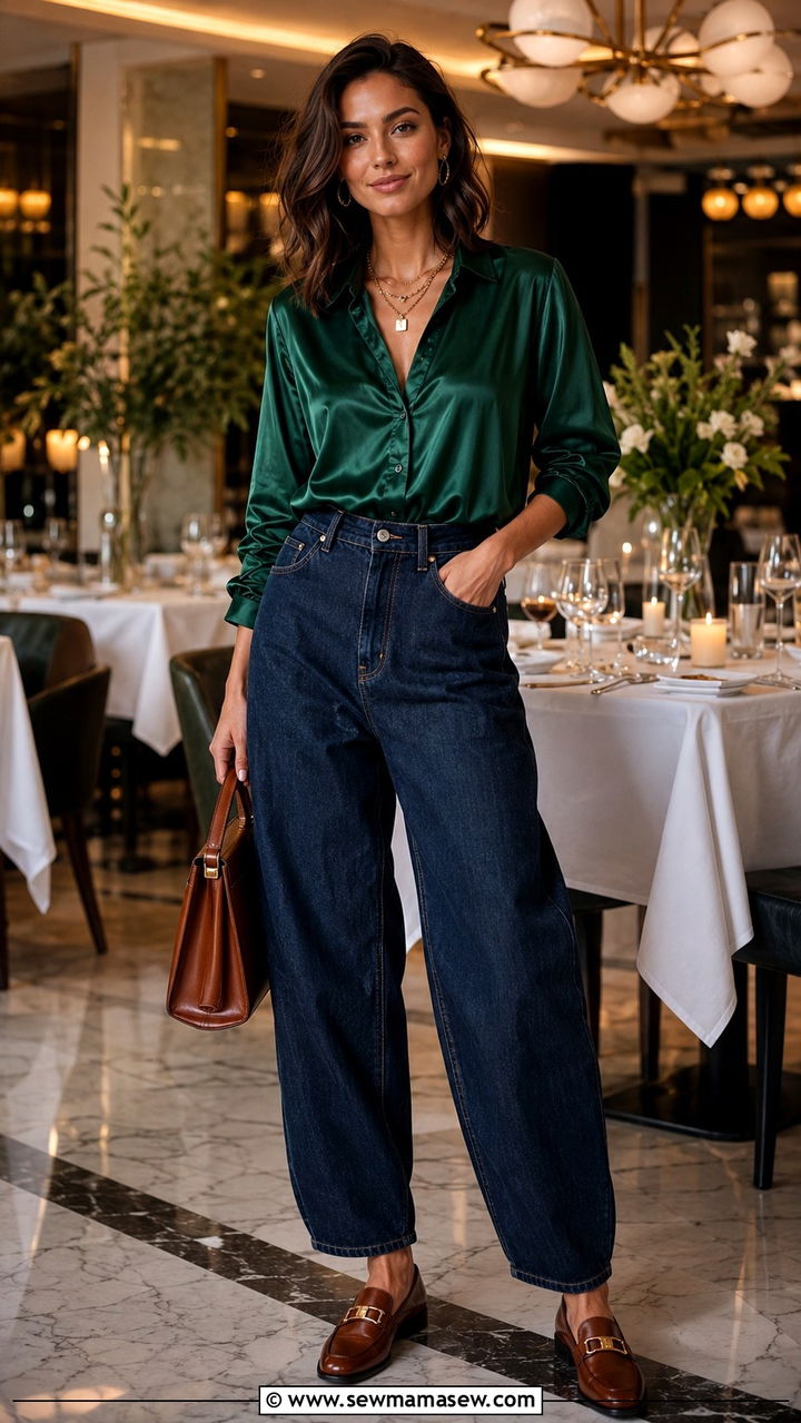 Barrel Jeans With Loafers and Silk Blouse - 25 Barrel jeans outfit ideas with flats