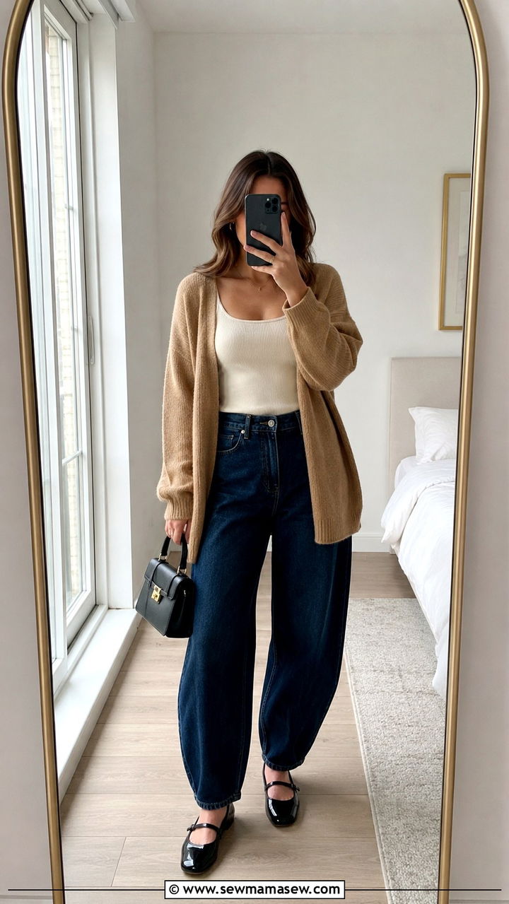 Barrel Jeans With Mary Jane Flats and Cardigan - 25 Barrel jeans outfit ideas with flats