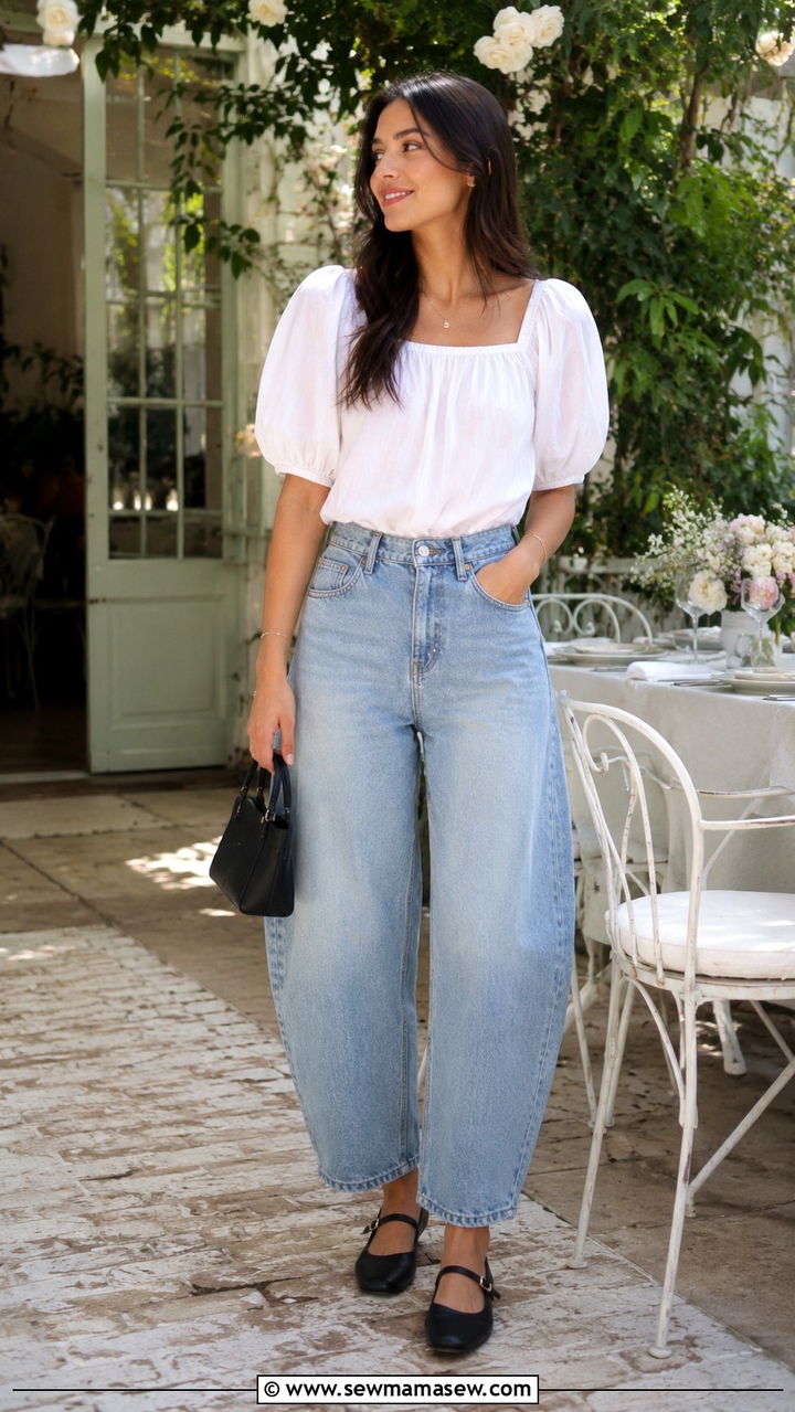 Barrel Jeans With Mary Jane Flats and Puff Sleeve Top - 25 Barrel jeans outfit ideas with flats