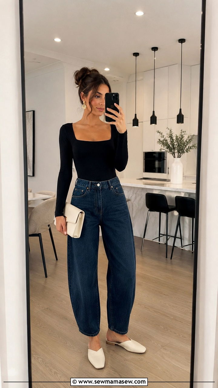 Barrel Jeans With Mules and Bodysuit - 25 Barrel jeans outfit ideas with flats