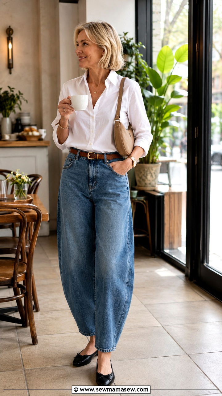 Barrel Jeans With Oxford Button Down Shirt And Ballet Flats - 25 barrel jeans outfits for women over 40