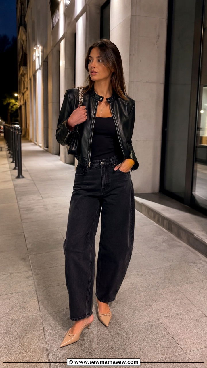 Barrel Jeans With Pointed Flats and Leather Jacket - 25 Barrel jeans outfit ideas with flats