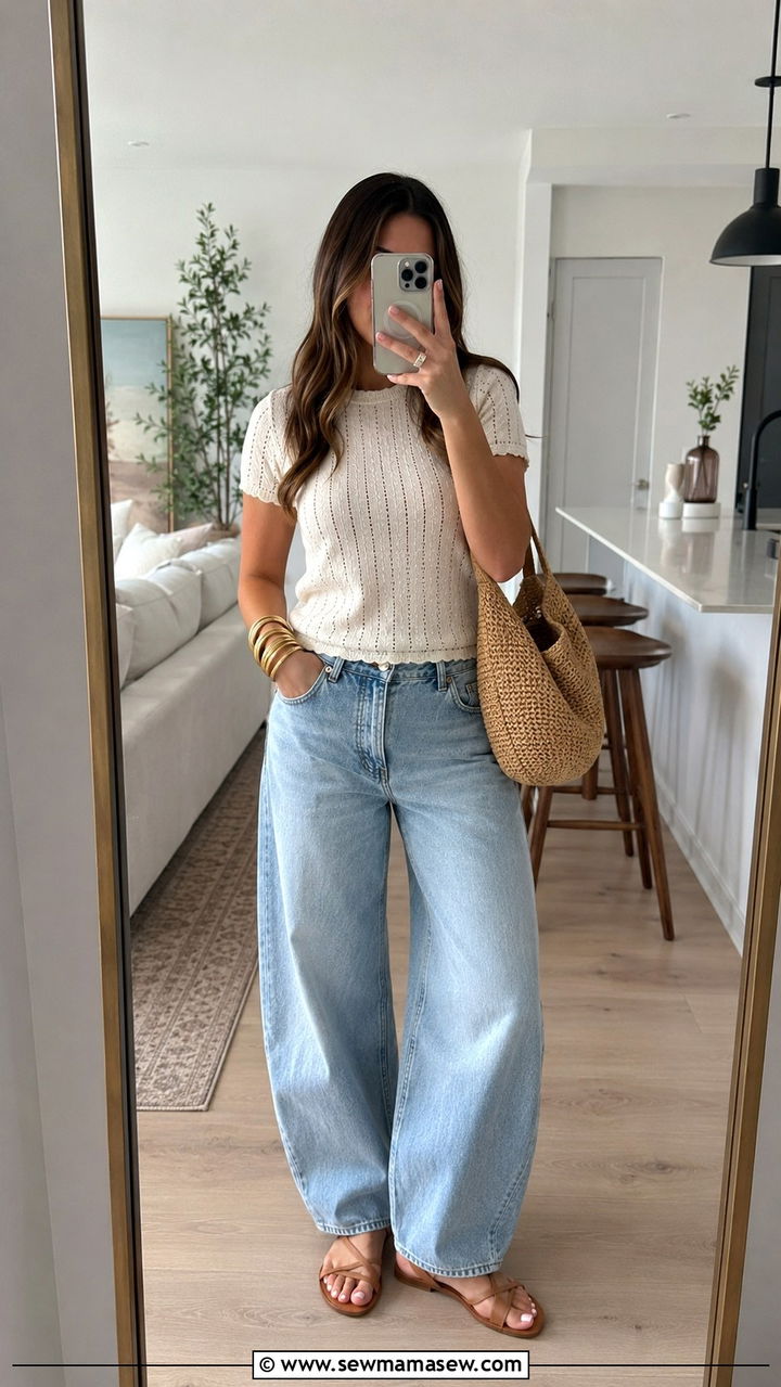 Barrel Jeans With Pointelle Top And Straw Bag - 25 Mid May outfit ideas