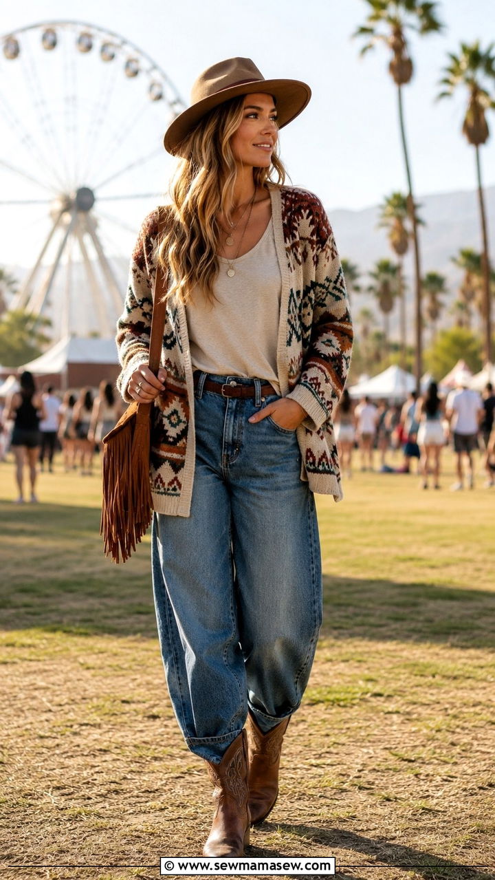 Barrel Jeans With Printed Cardigan And Western Boots - 25 Barrel jeans outfit ideas with a cardigan