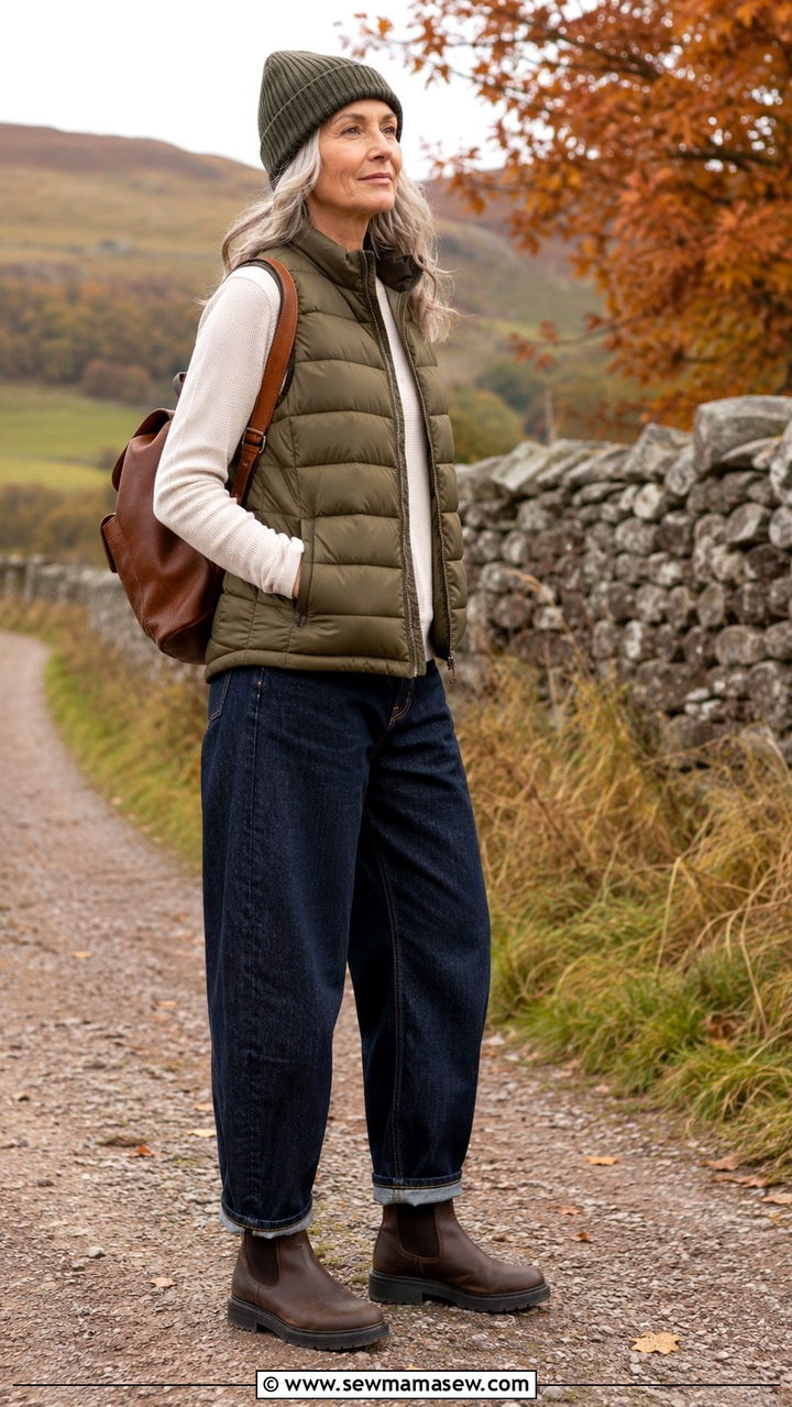 Barrel Jeans With Puffer Vest And Chelsea Boots - 25 barrel jeans outfits for women over 40