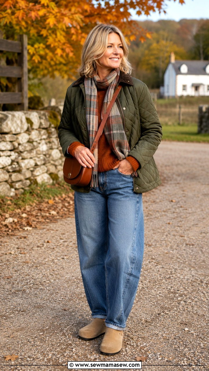 Barrel Jeans With Quilted Jacket And Clogs - 25 barrel jeans outfits for women over 40