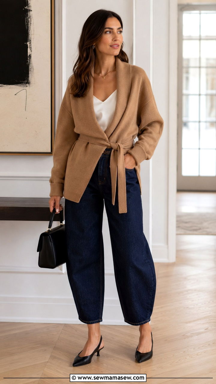 Barrel Jeans With Shawl Collar Cardigan And Slingback Pumps - 25 Barrel jeans outfit ideas with a cardigan